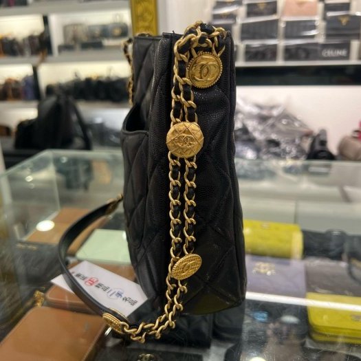 東區正精品㊣CHANEL AS3400 HOBO 香奈兒黑色荔枝牛皮金幣鍊帶肩背包 RZ6435-3