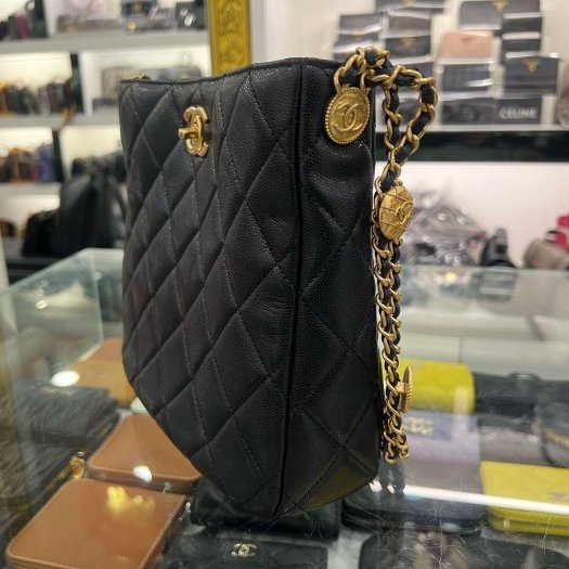 東區正精品㊣CHANEL AS3400 HOBO 香奈兒黑色荔枝牛皮金幣鍊帶肩背包 RZ6435-4