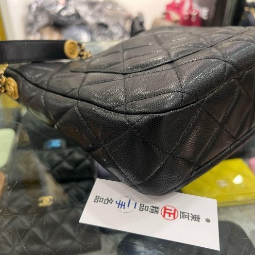 東區正精品㊣CHANEL AS3400 HOBO 香奈兒黑色荔枝牛皮金幣鍊帶肩背包 RZ6435-6