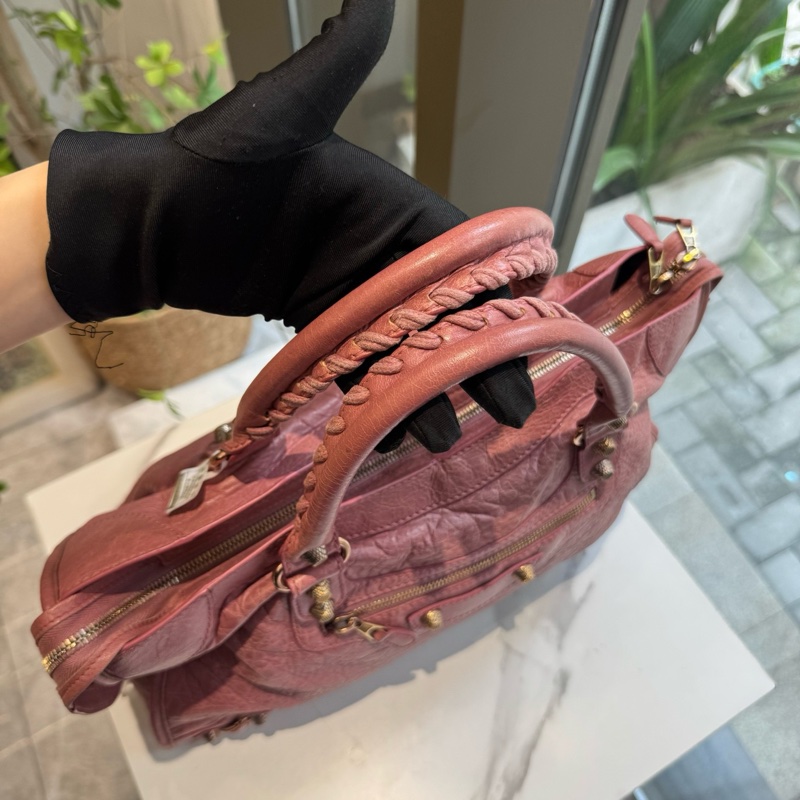 99新Balenciaga巴黎世家 機車包 中號 粉色 油蠟皮 手提包單肩包斜背包 底長37cm ❤️正品-2
