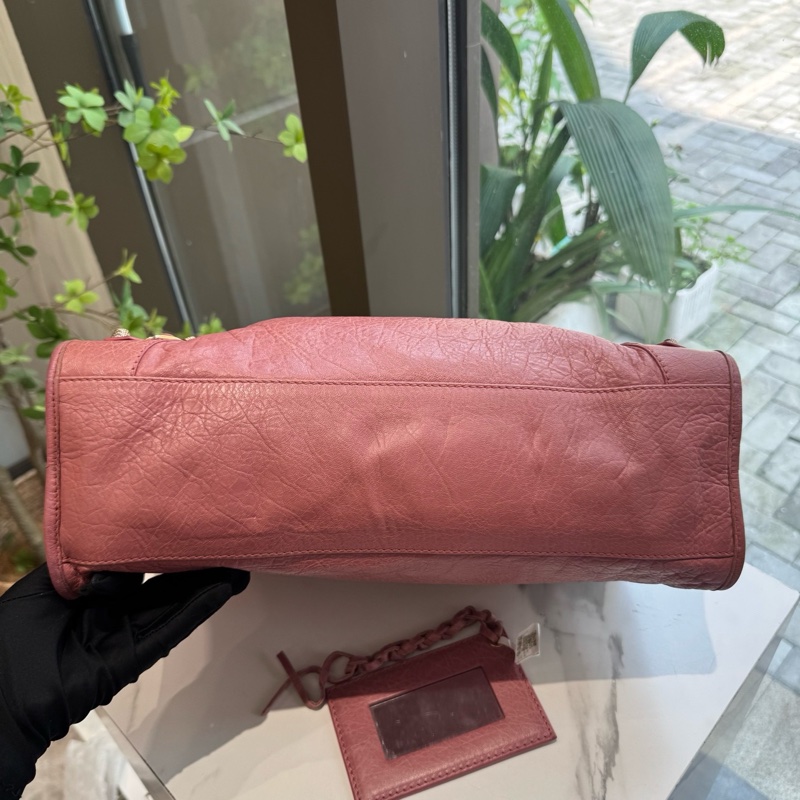 99新Balenciaga巴黎世家 機車包 中號 粉色 油蠟皮 手提包單肩包斜背包 底長37cm ❤️正品-3