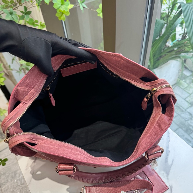 99新Balenciaga巴黎世家 機車包 中號 粉色 油蠟皮 手提包單肩包斜背包 底長37cm ❤️正品-6