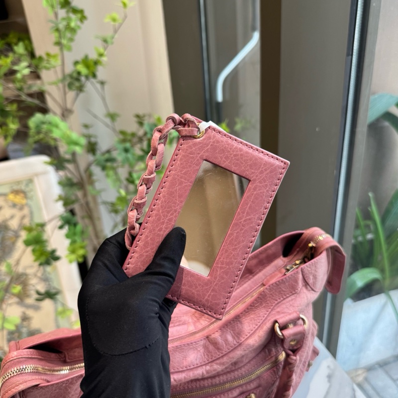 99新Balenciaga巴黎世家 機車包 中號 粉色 油蠟皮 手提包單肩包斜背包 底長37cm ❤️正品-8