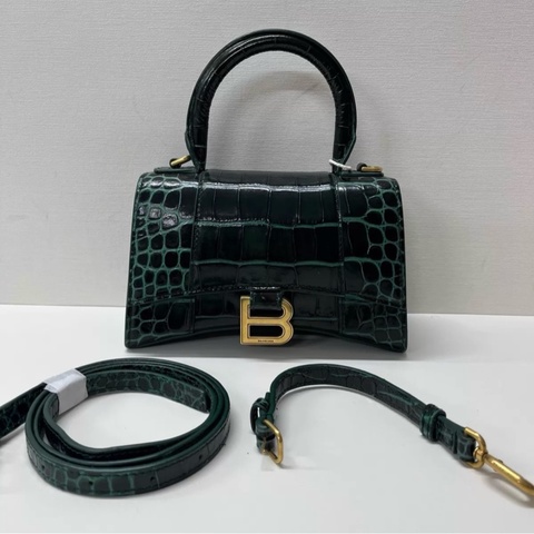 Balenciaga xs hourglass 沙漏包 金属B标志可拆卸肩带翻盖开合 鳄鱼纹压印牛皮革 单肩斜挎手提包