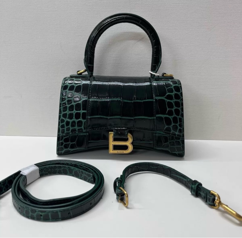 Balenciaga xs hourglass 沙漏包 金属B标志可拆卸肩带翻盖开合 鳄鱼纹压印牛皮革 单肩斜挎手提包-0