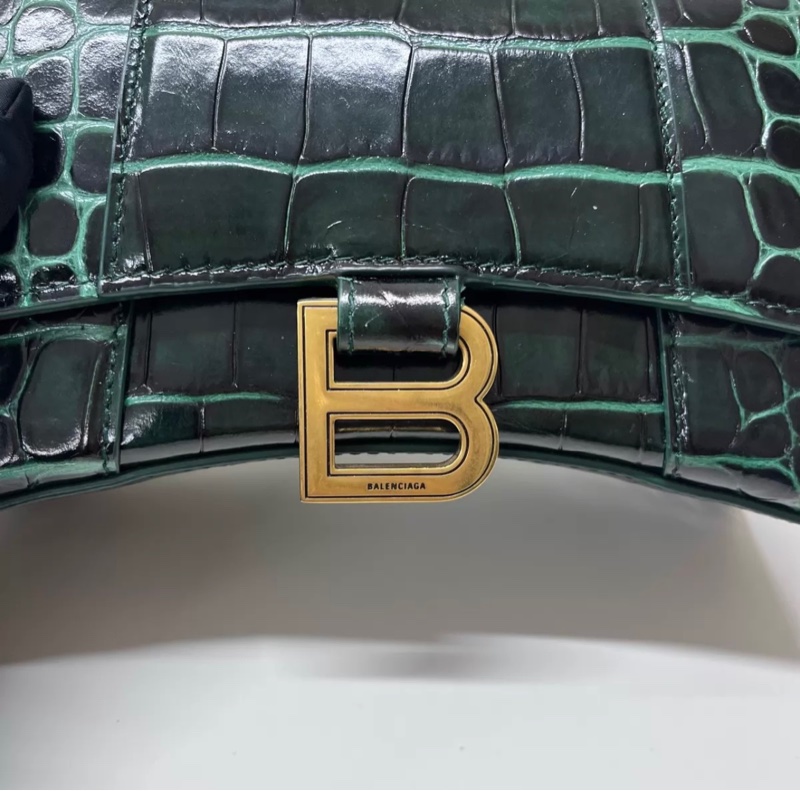 Balenciaga xs hourglass 沙漏包 金属B标志可拆卸肩带翻盖开合 鳄鱼纹压印牛皮革 单肩斜挎手提包-5