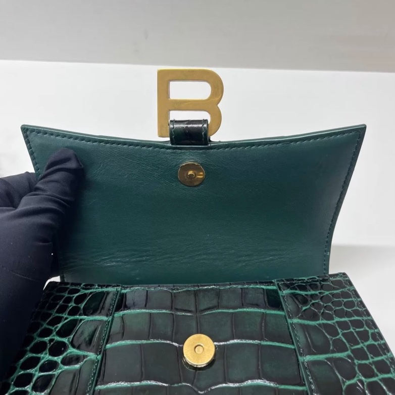 Balenciaga xs hourglass 沙漏包 金属B标志可拆卸肩带翻盖开合 鳄鱼纹压印牛皮革 单肩斜挎手提包-8
