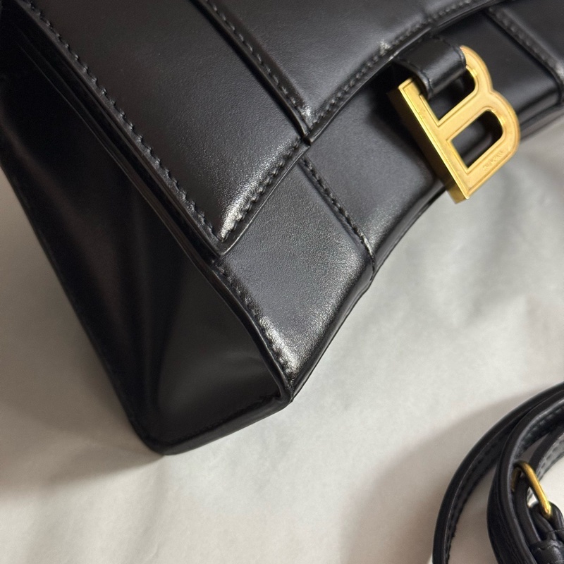 Balenciaga巴黎世家黑金牛皮hourglass沙漏包xs 手提單肩斜挎包金扣-8