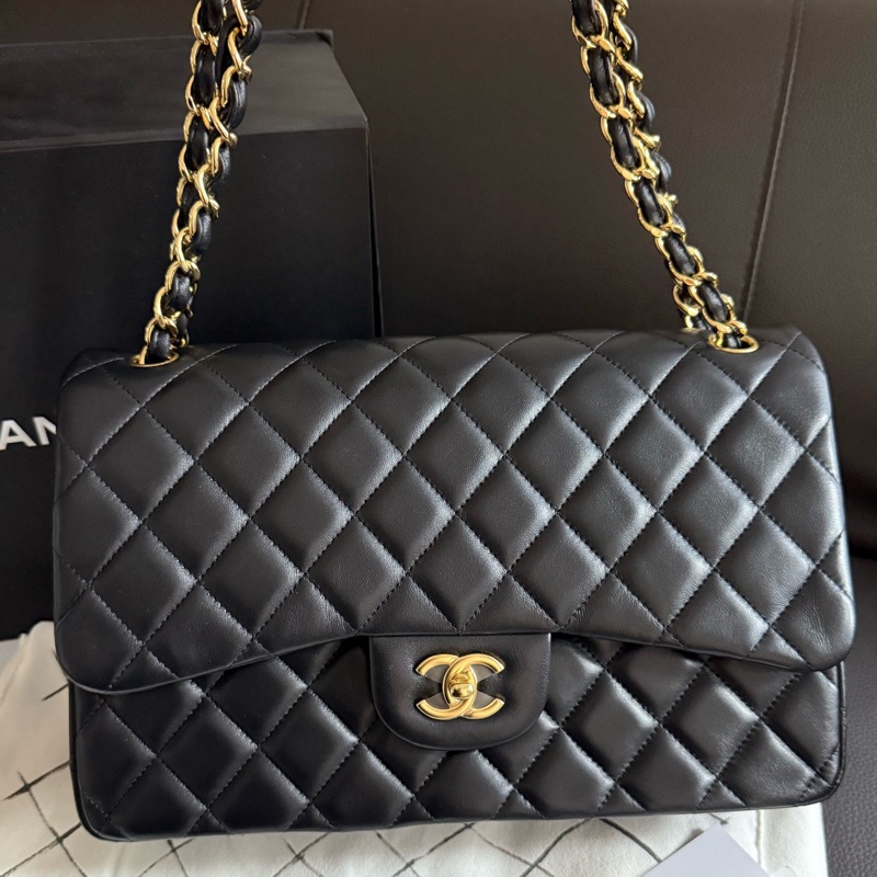 chanel香奈兒黑色金扣羊皮jumbo口蓋包單肩斜挎包 29開-0