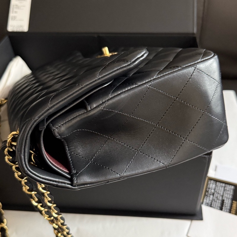 chanel香奈兒黑色金扣羊皮jumbo口蓋包單肩斜挎包 29開-1