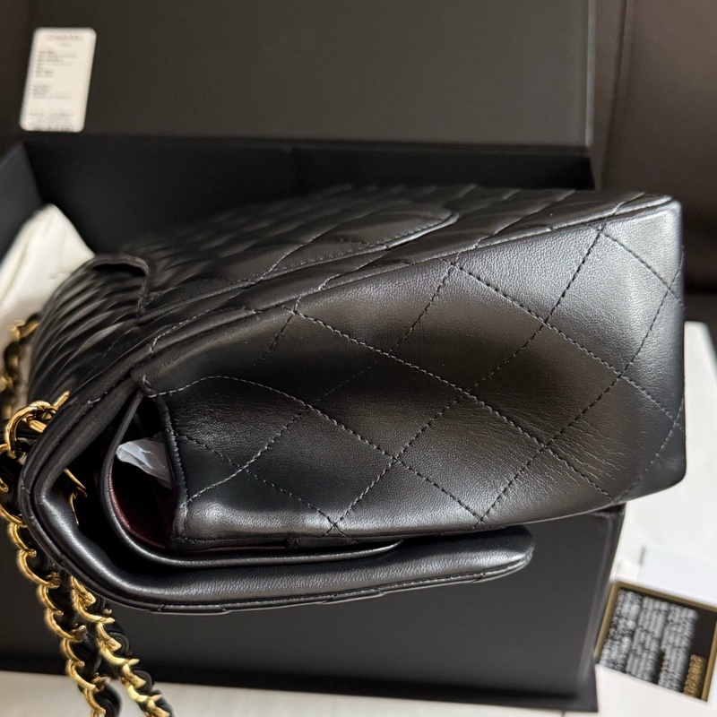 chanel香奈兒黑色金扣羊皮jumbo口蓋包單肩斜挎包 29開-2