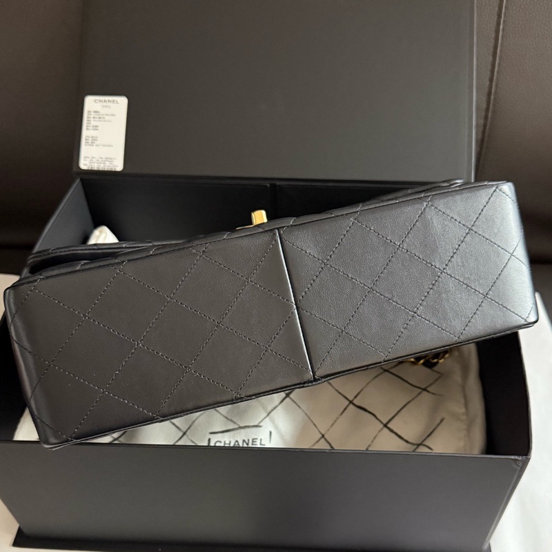 chanel香奈兒黑色金扣羊皮jumbo口蓋包單肩斜挎包 29開-3