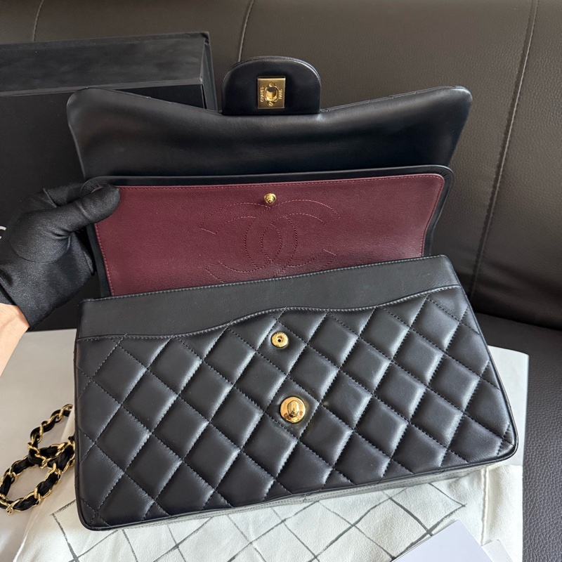 chanel香奈兒黑色金扣羊皮jumbo口蓋包單肩斜挎包 29開-4