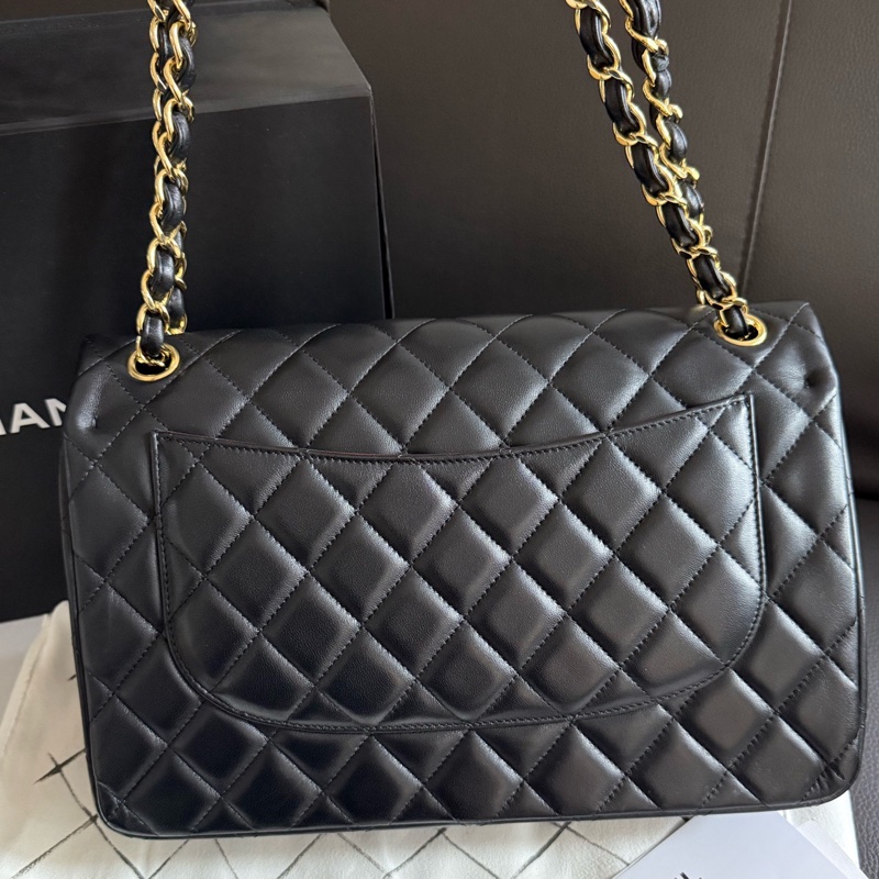 chanel香奈兒黑色金扣羊皮jumbo口蓋包單肩斜挎包 29開-5
