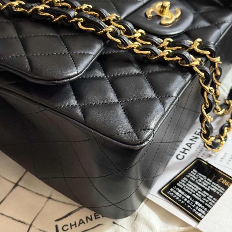 chanel香奈兒黑色金扣羊皮jumbo口蓋包單肩斜挎包 29開-6