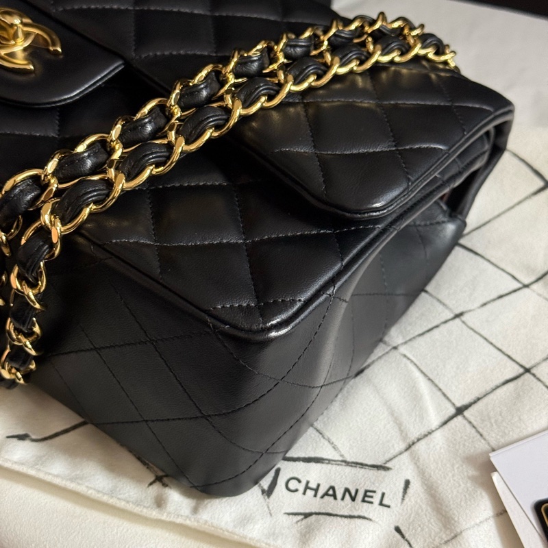 chanel香奈兒黑色金扣羊皮jumbo口蓋包單肩斜挎包 29開-9