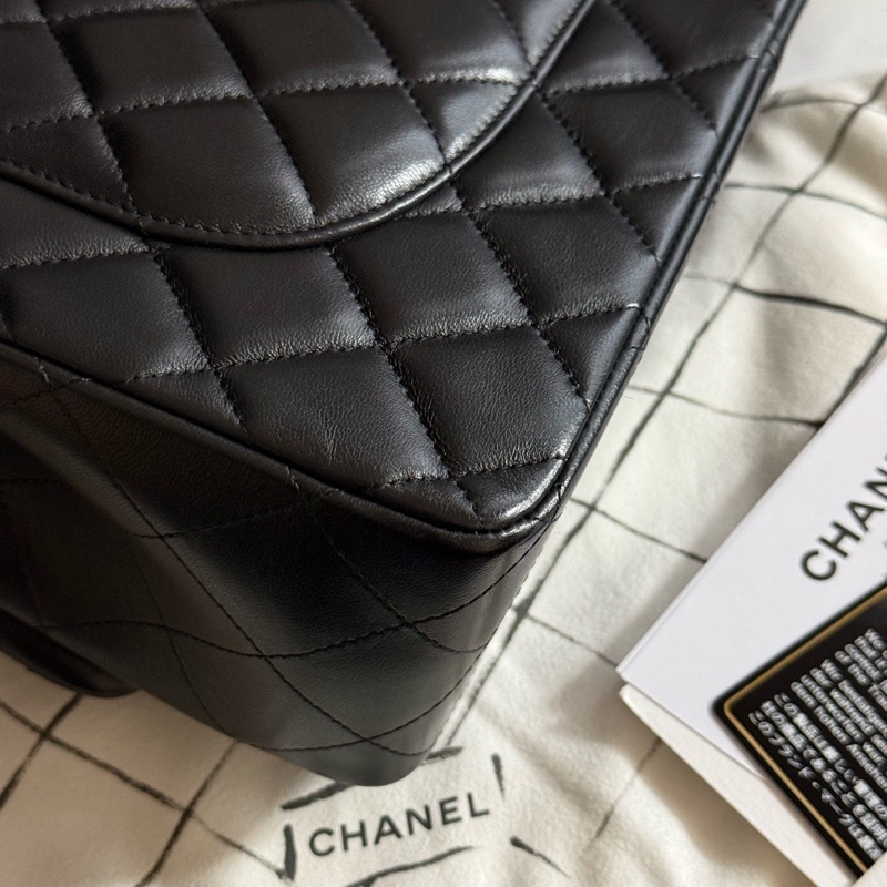 chanel香奈兒黑色金扣羊皮jumbo口蓋包單肩斜挎包 29開-10