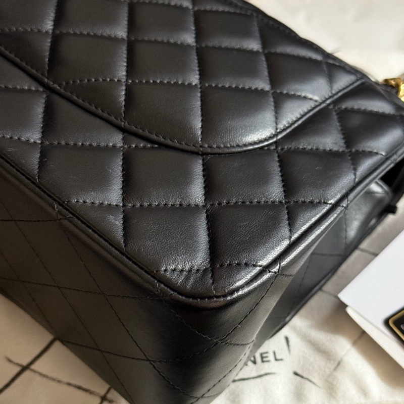 chanel香奈兒黑色金扣羊皮jumbo口蓋包單肩斜挎包 29開-11