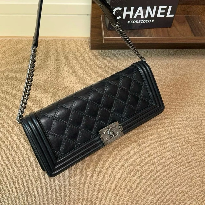 Chanel黑银Leboy east-west法棍腋下包 外缝菱格复古方扣31*13*5-5