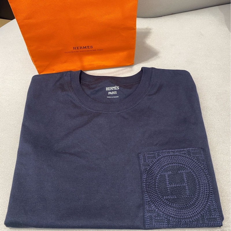 全新愛馬仕hermes女T恤刺繡口袋 藍黑色短袖36碼-2