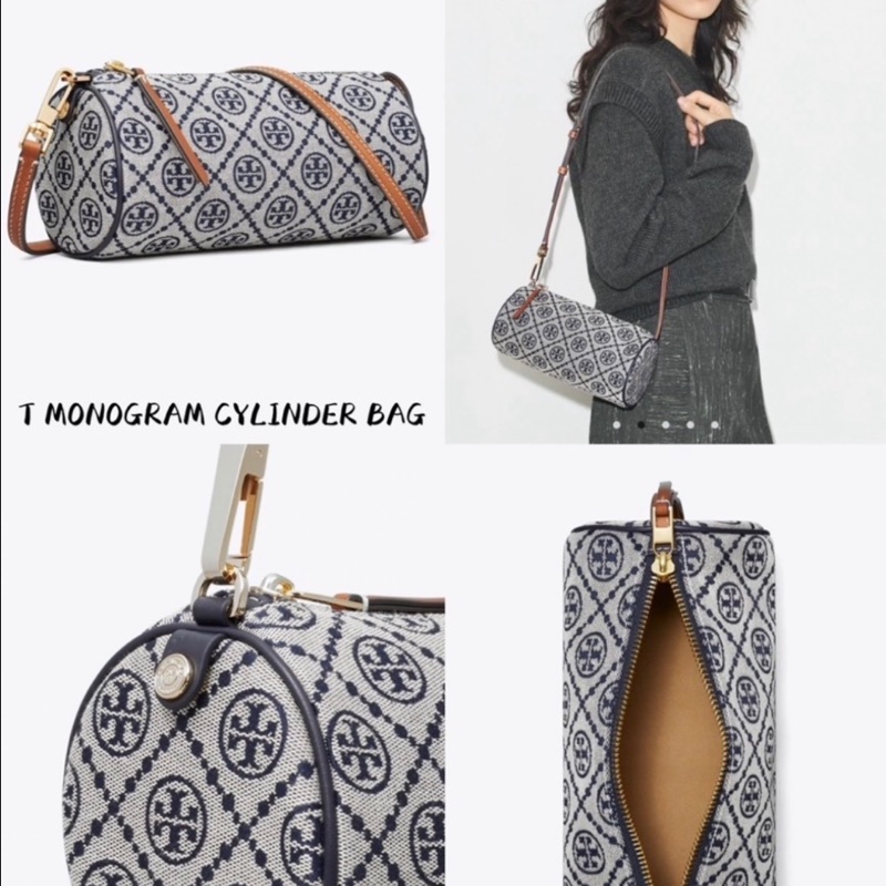 Tory Burch T MONOGRAM CYLINDER BAG深藍老花色滾桶包-5