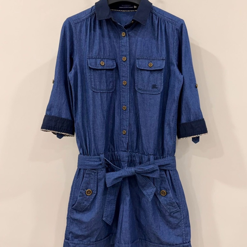 BURBERRY 綁帶口袋戰馬牛仔連身短褲-1