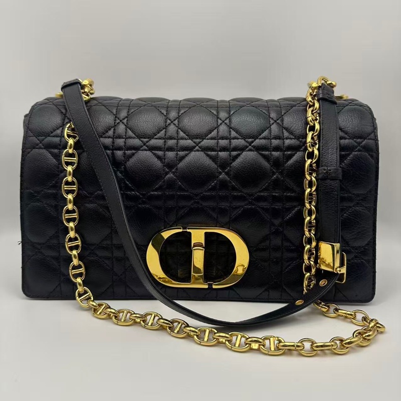 Dior 迪奧 黑色柔軟牛皮革藤格紋 caro黑金牛皮鏈條包大號-0