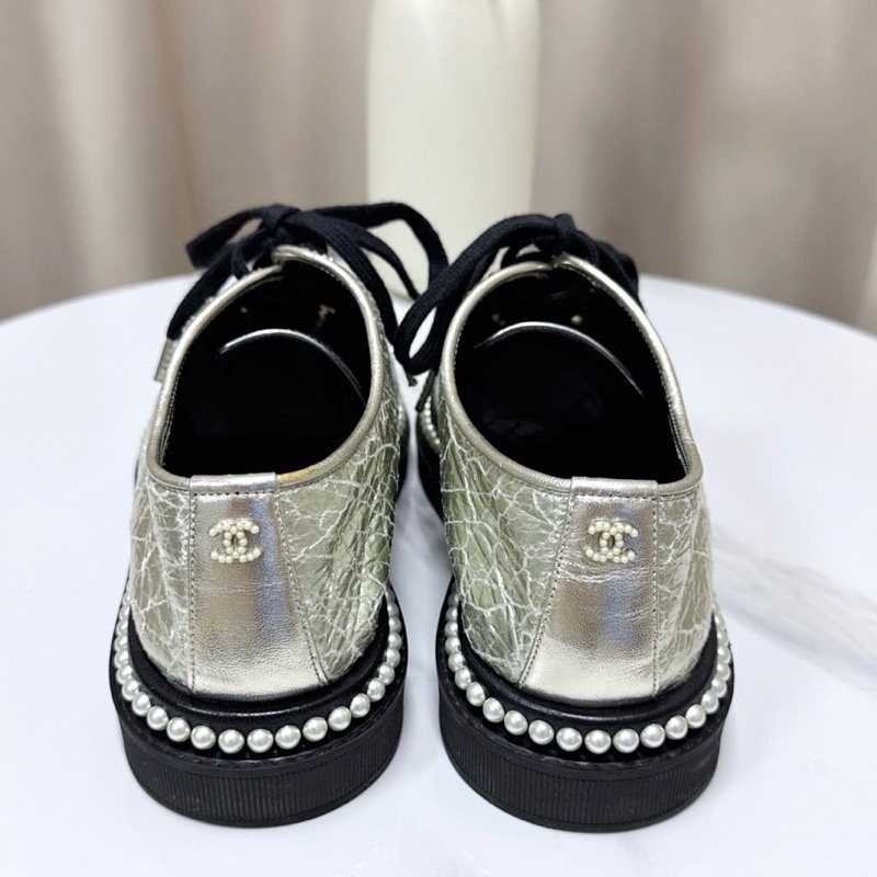 Chanel 珍珠銀色平底鞋 黑色拼接設計36碼-2