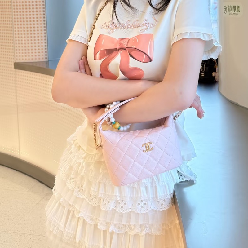 甜妹穿搭✨🌸Chanel香奈兒26C櫻花粉金扣飯盒包手提單肩斜挎鏈條包-5