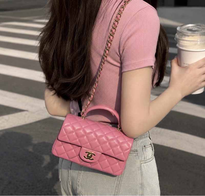 914intheair精品代購『全新閒置』Chanel cf mini handle 草莓牛奶色 提把包 手提包 口蓋-1