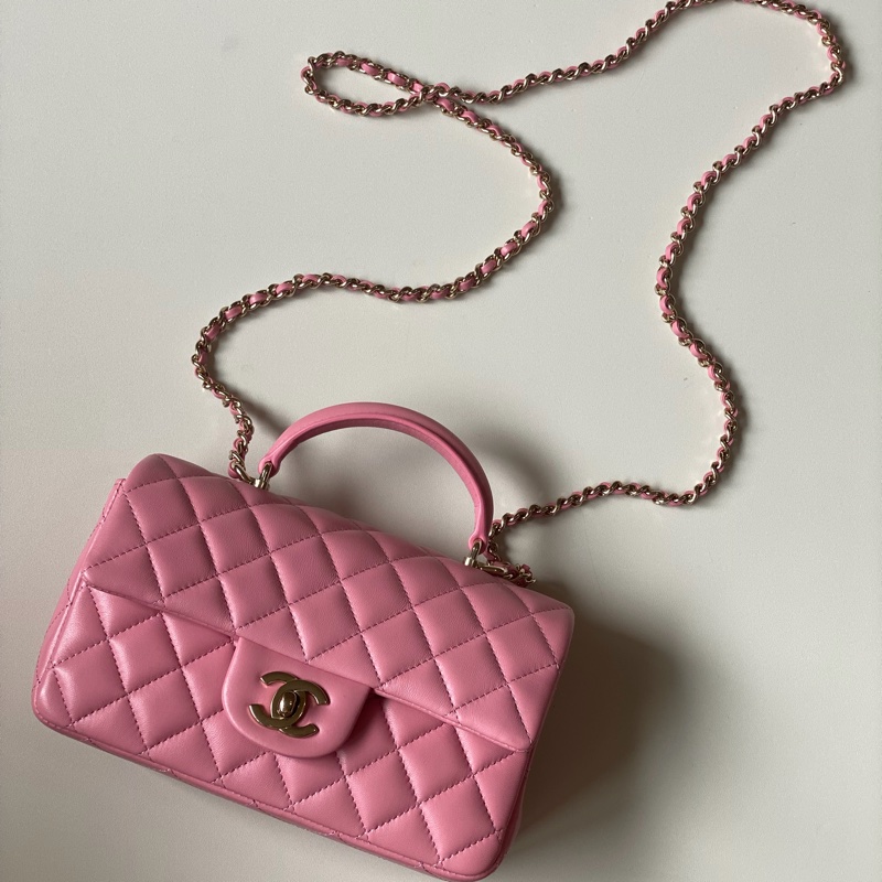 914intheair精品代購『全新閒置』Chanel cf mini handle 草莓牛奶色 提把包 手提包 口蓋-3