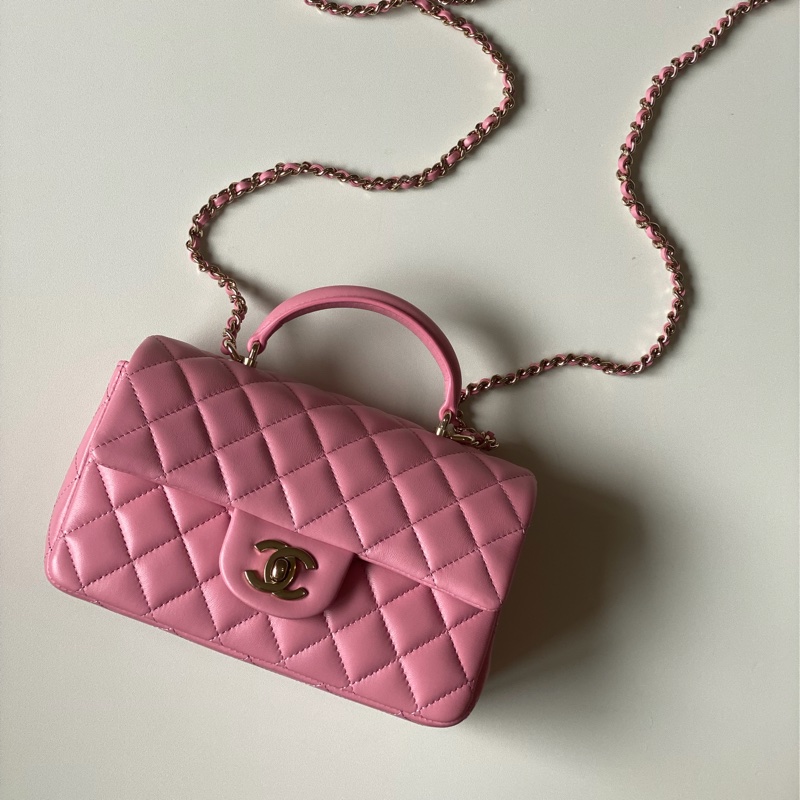 914intheair精品代購『全新閒置』Chanel cf mini handle 草莓牛奶色 提把包 手提包 口蓋-4