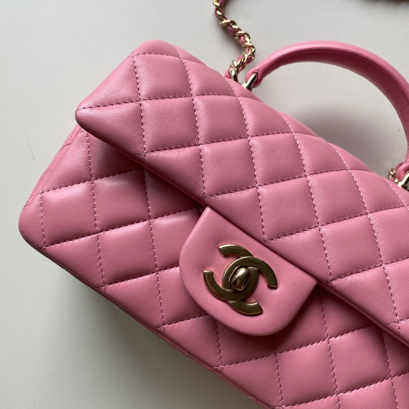 914intheair精品代購『全新閒置』Chanel cf mini handle 草莓牛奶色 提把包 手提包 口蓋-5