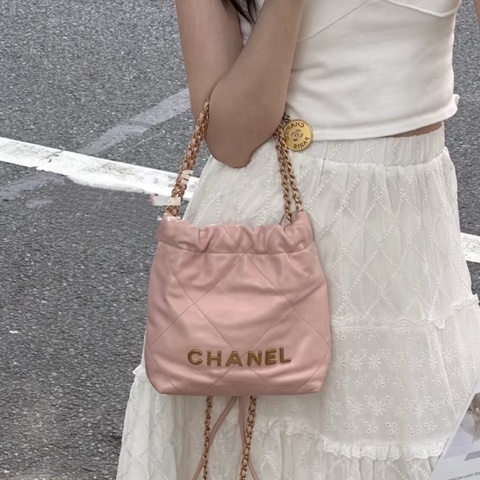 公主駕到🤩99新🆕Chanel香奈兒粉金22bag迷你mini垃圾袋單肩斜挎鏈條包