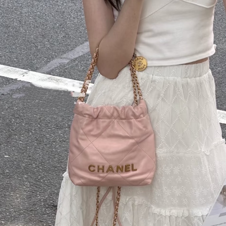 公主駕到🤩99新🆕Chanel香奈兒粉金22bag迷你mini垃圾袋單肩斜挎鏈條包-0