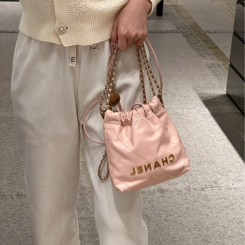 公主駕到🤩99新🆕Chanel香奈兒粉金22bag迷你mini垃圾袋單肩斜挎鏈條包-1