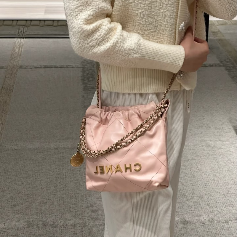 公主駕到🤩99新🆕Chanel香奈兒粉金22bag迷你mini垃圾袋單肩斜挎鏈條包-2