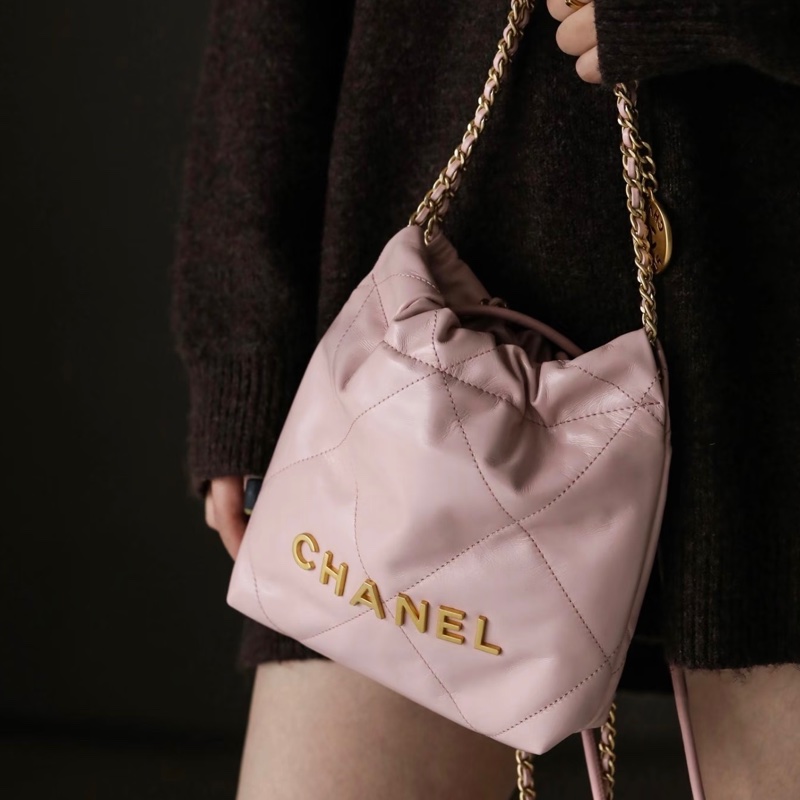 公主駕到🤩99新🆕Chanel香奈兒粉金22bag迷你mini垃圾袋單肩斜挎鏈條包-3