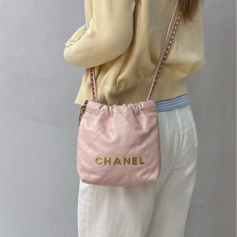 公主駕到🤩99新🆕Chanel香奈兒粉金22bag迷你mini垃圾袋單肩斜挎鏈條包-5