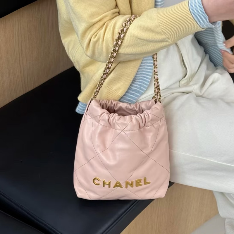 公主駕到🤩99新🆕Chanel香奈兒粉金22bag迷你mini垃圾袋單肩斜挎鏈條包-6