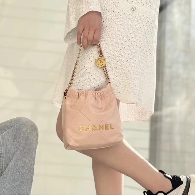 公主駕到🤩99新🆕Chanel香奈兒粉金22bag迷你mini垃圾袋單肩斜挎鏈條包-7