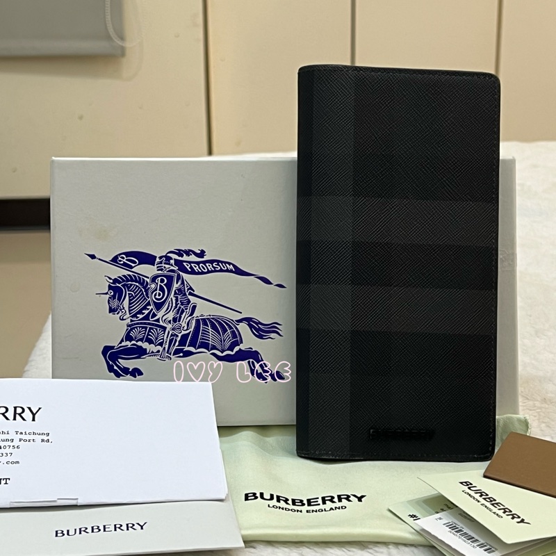 BURBERRY 灰黑經典格紋 對開長夾 正品 二手精品-0