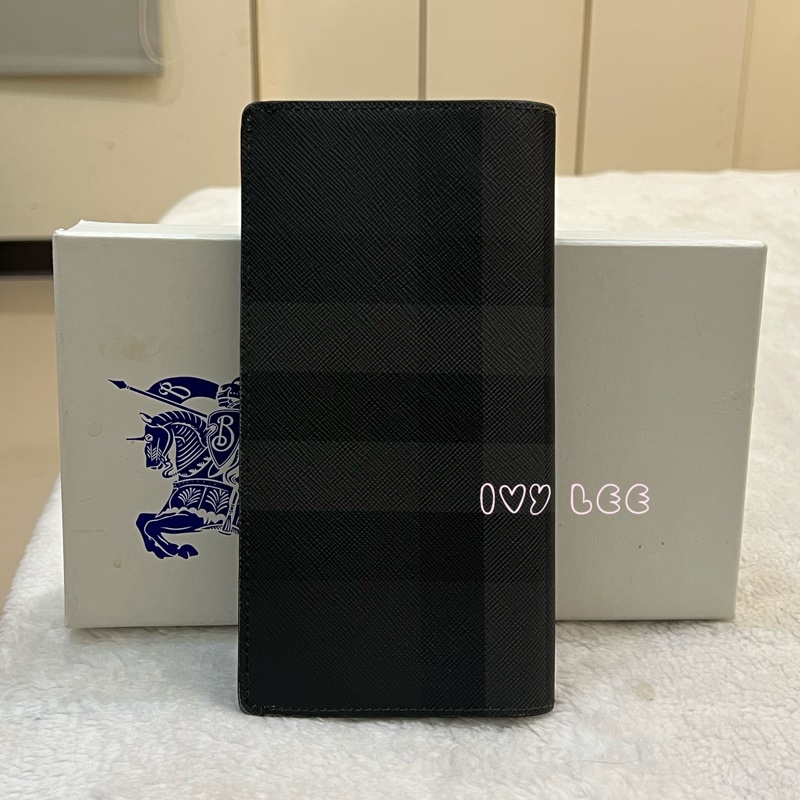 BURBERRY 灰黑經典格紋 對開長夾 正品 二手精品-1