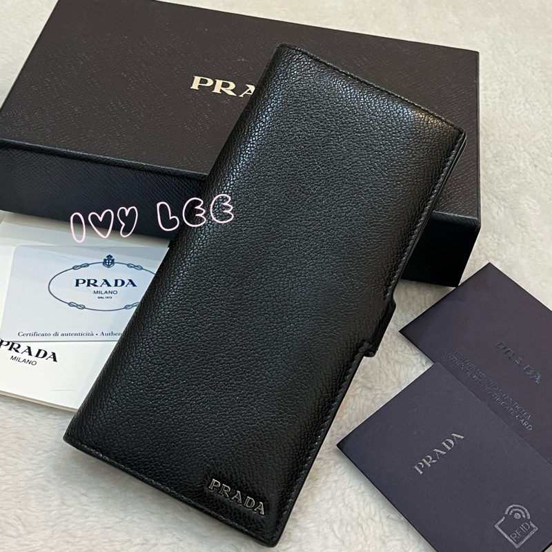 PRADA 2MV015 浮雕LOGO 黑藍 二折長夾 正品 二手精品-25