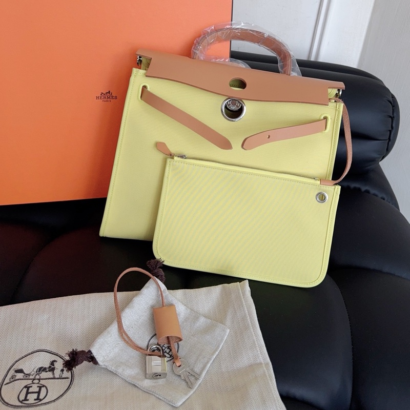 【近新閒置品】99新 Hermes愛馬仕herbag31 銀扣 外縫線 小雞黃 手提單肩斜挎包,框P刻-0