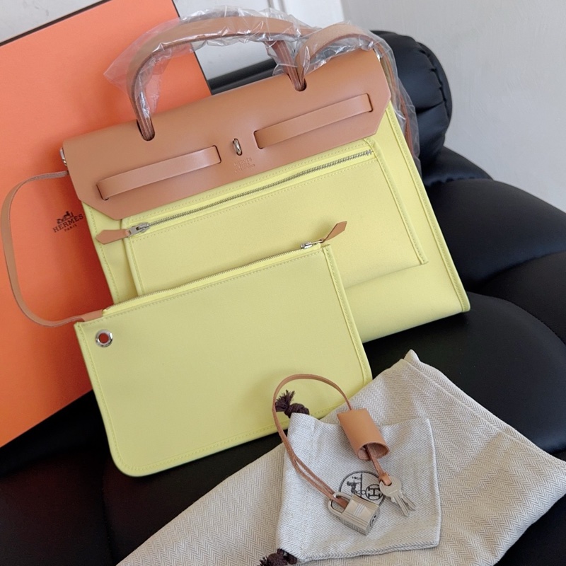 【近新閒置品】99新 Hermes愛馬仕herbag31 銀扣 外縫線 小雞黃 手提單肩斜挎包,框P刻-3