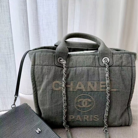 CHANEL 牛仔銀扣子母手提肩背沙灘包中號