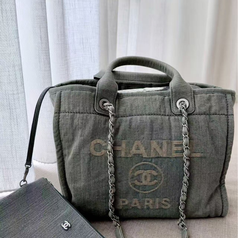 CHANEL 牛仔銀扣子母手提肩背沙灘包中號-0