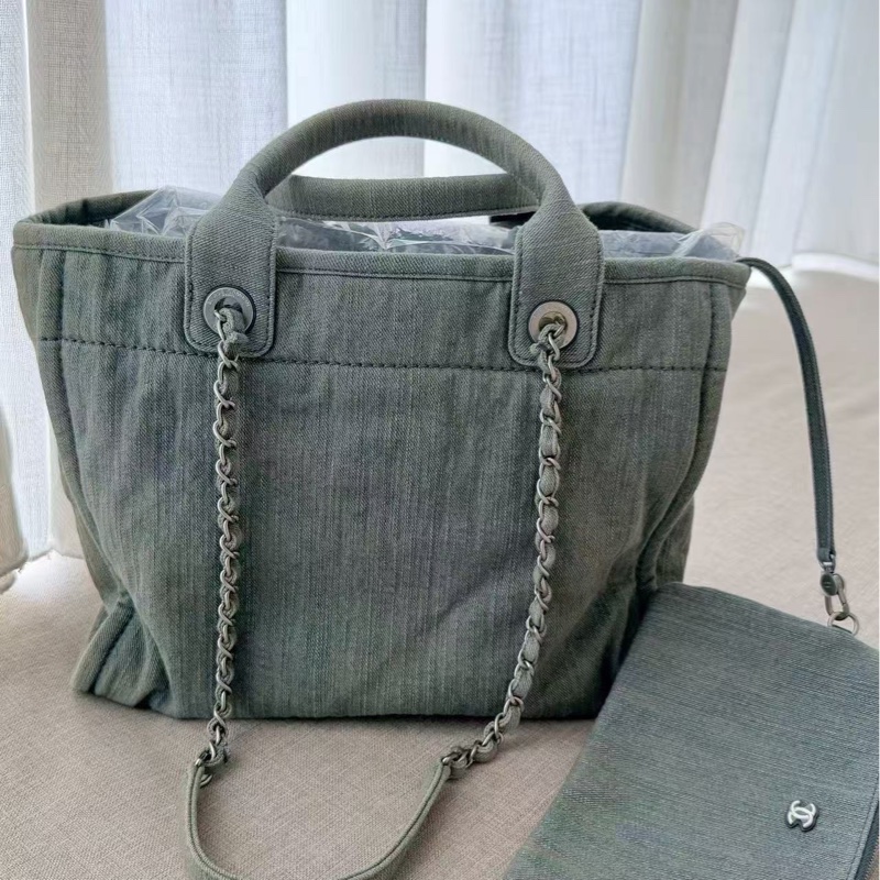 CHANEL 牛仔銀扣子母手提肩背沙灘包中號-1
