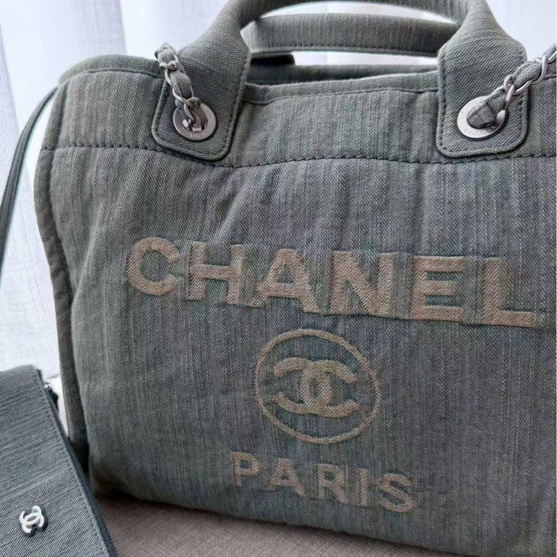CHANEL 牛仔銀扣子母手提肩背沙灘包中號-2